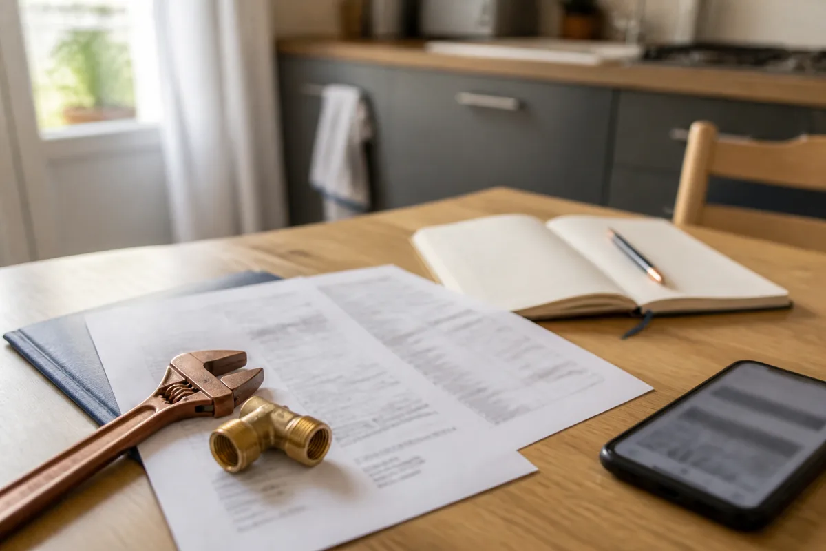 Documents de plomberie et clé à molette posés sur une table de cuisine près d’une fenêtre