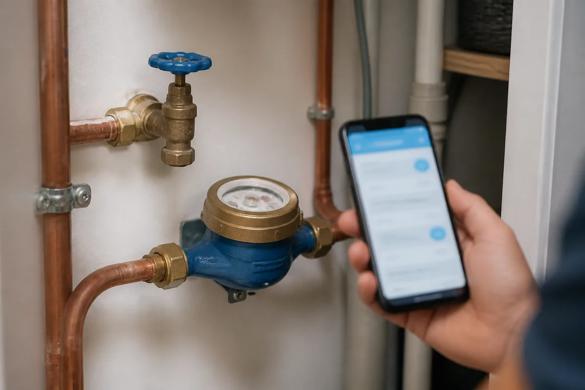 Fiche d&rsquo;avis consultée sur un smartphone posé près d&rsquo;un compteur d&rsquo;eau