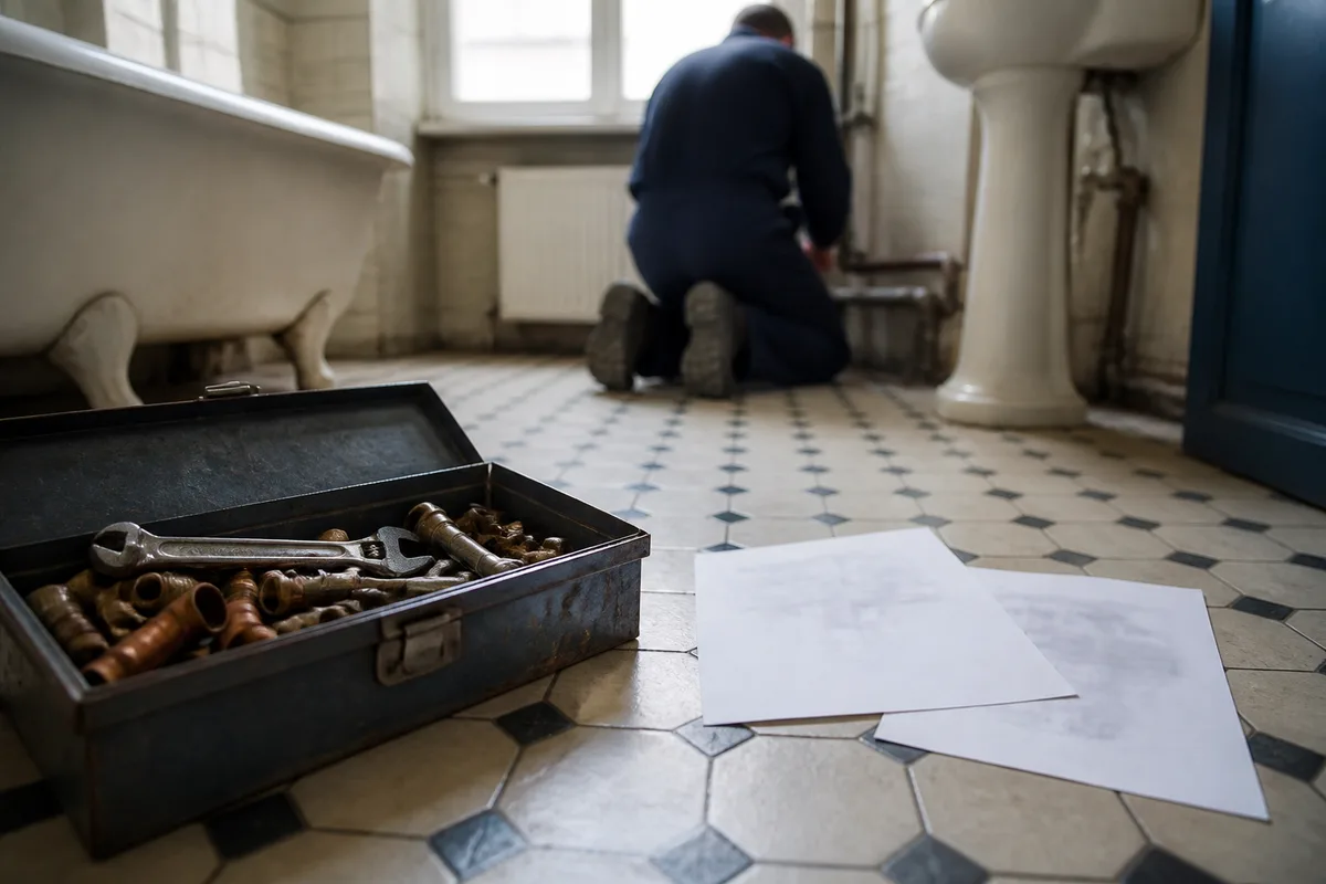 Attestation d&rsquo;assurance et devis papier posés à côté d&rsquo;une caisse à outils