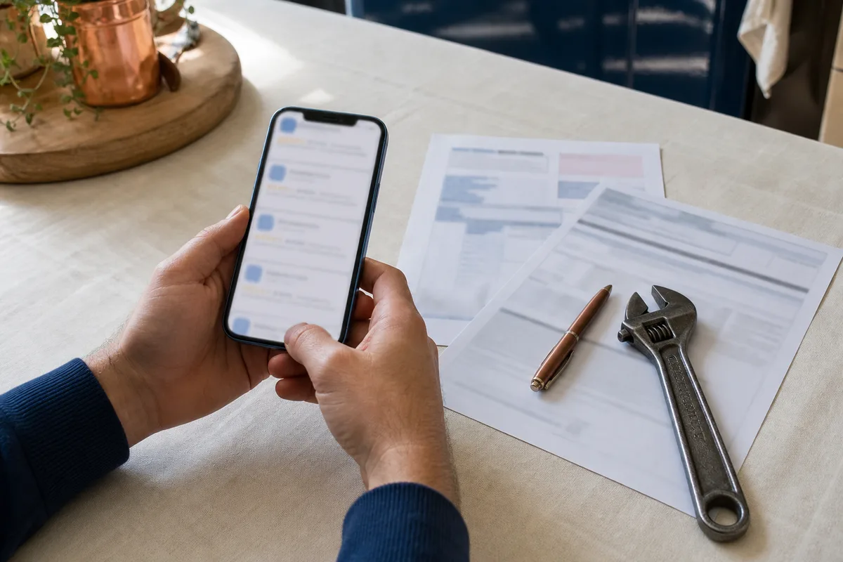 Mains tenant un smartphone affichant une liste d&rsquo;avis à côté d&rsquo;un devis papier