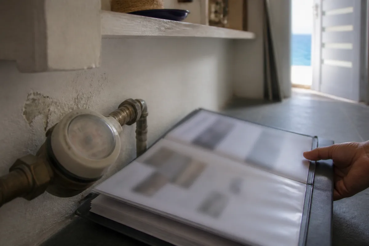 Compteur d’eau et classeur d’accueil d’une location saisonnière dans le cellier d’une villa