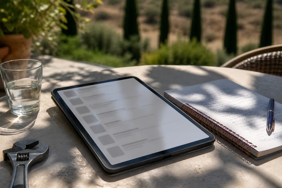 Tablette posée sur une table de terrasse affichant une liste d’avis illisible, haie de cyprès en arrière-plan