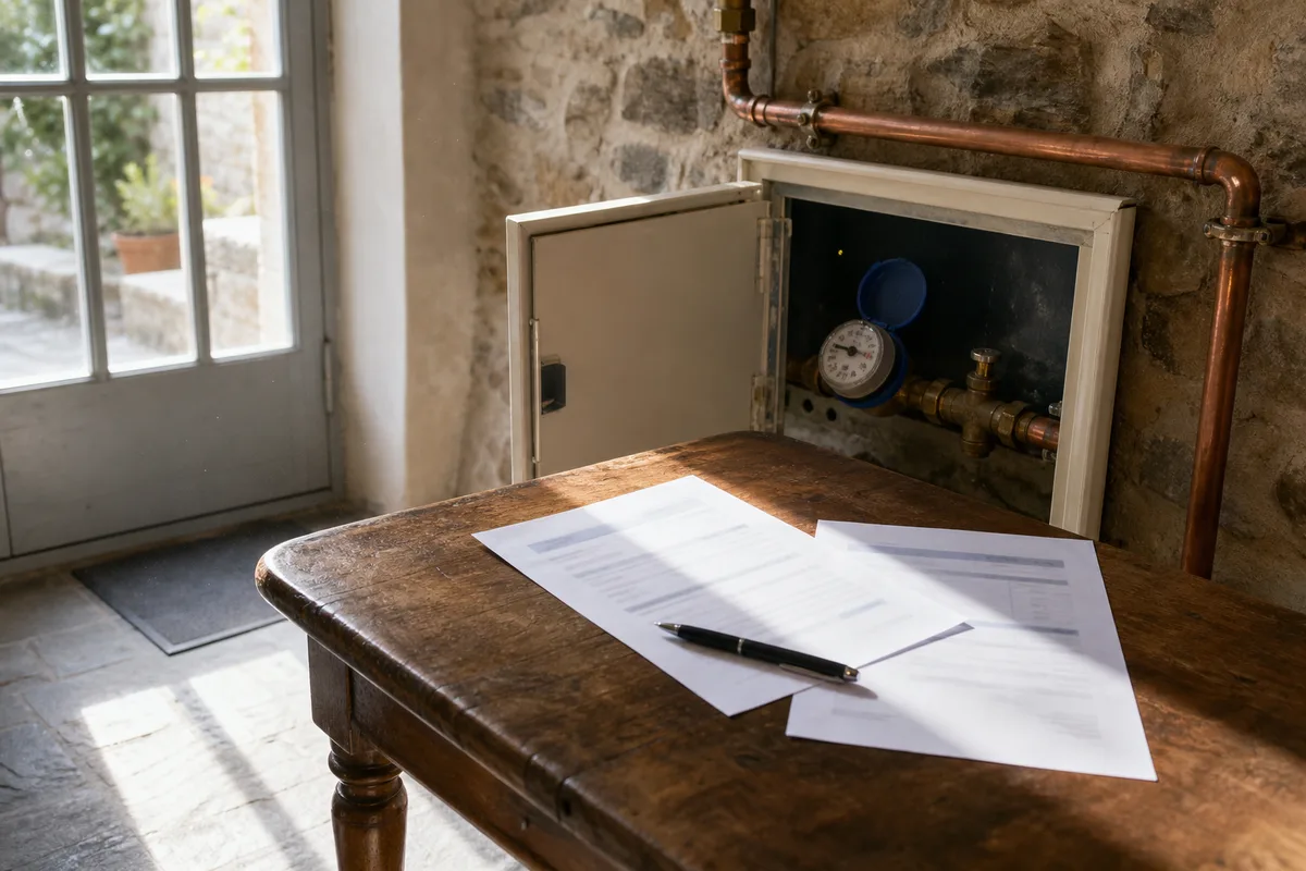 Compteur d’eau et attestation d’assurance posés sur une table dans une maison de bourg ardéchoise