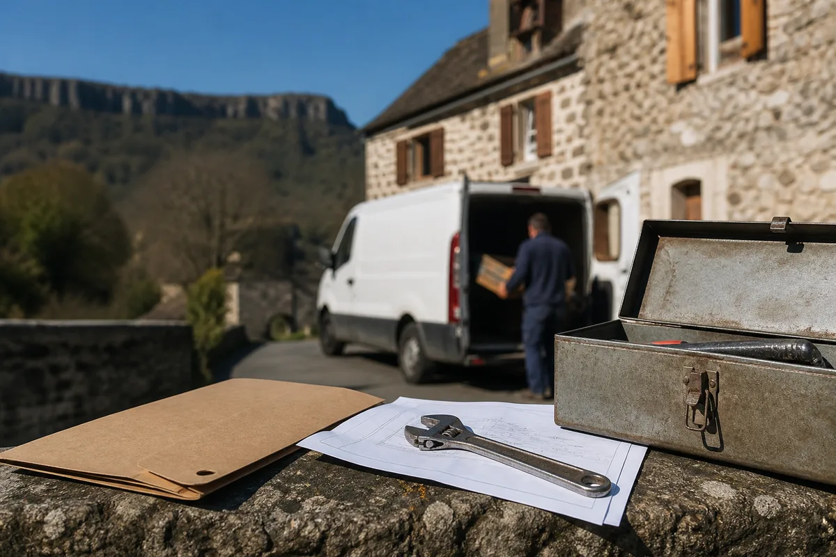 Camionnette d’artisan floue derrière une maison en pierre et documents posés sur un muret