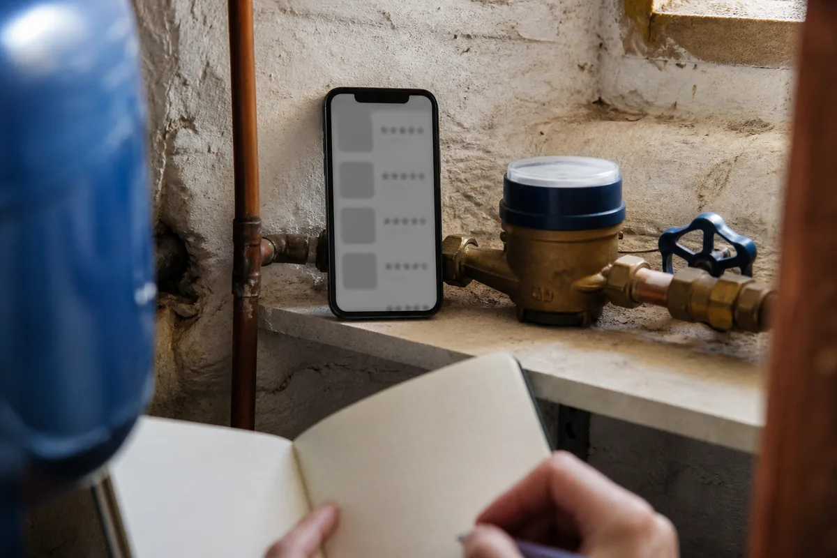 Fiche d’avis affichée sur un smartphone posé près d’un compteur d’eau dans une maison de bourg normande