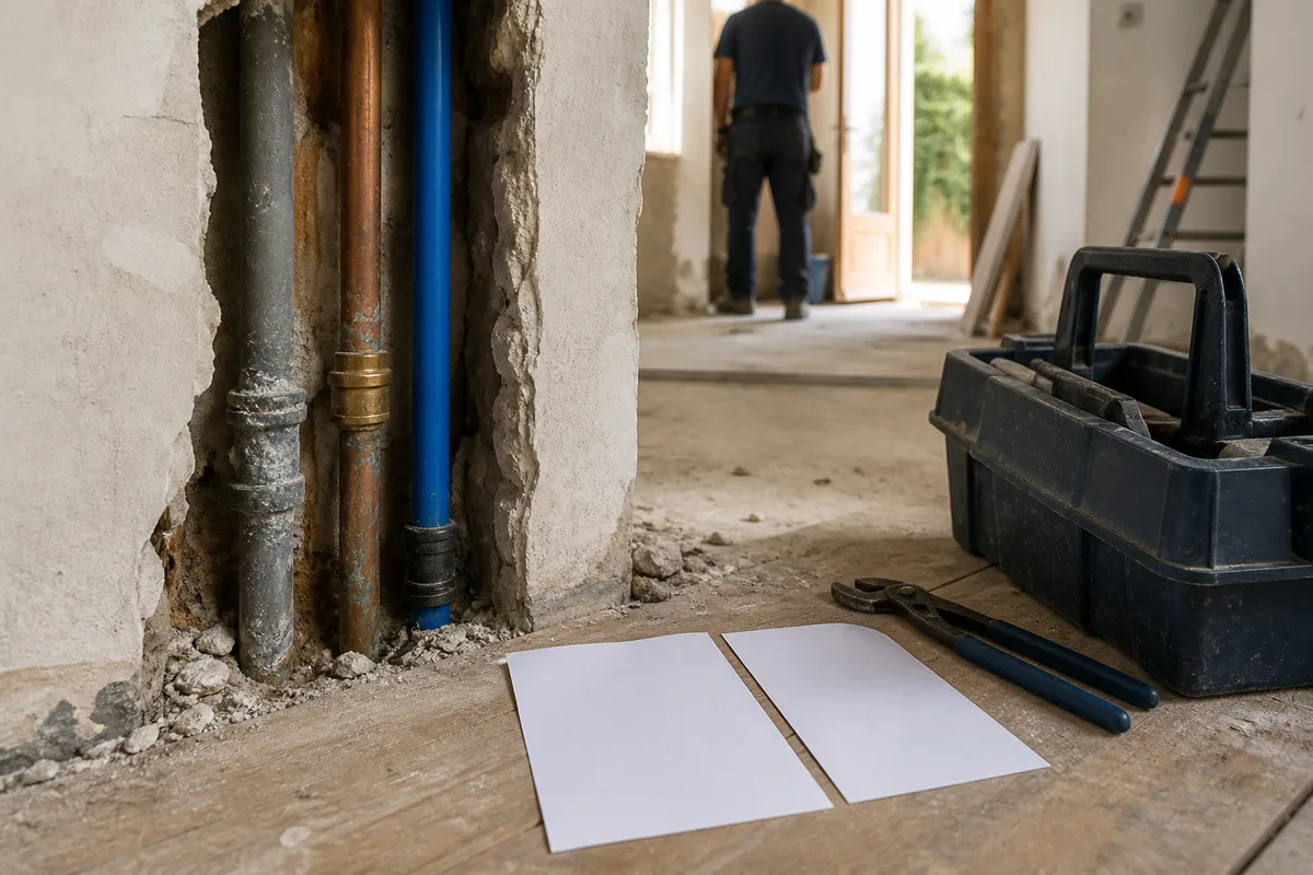 Attestation d’assurance et devis papier posés près d’une caisse à outils, au pied d’un mur ancien ouvert