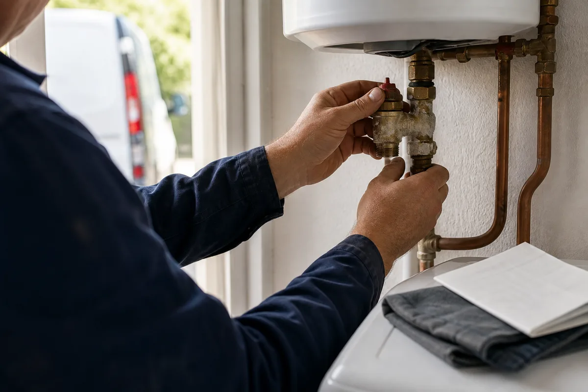 Mains d&rsquo;artisan contrôlant le groupe de sécurité d&rsquo;un chauffe-eau dans le cellier d&rsquo;une maison