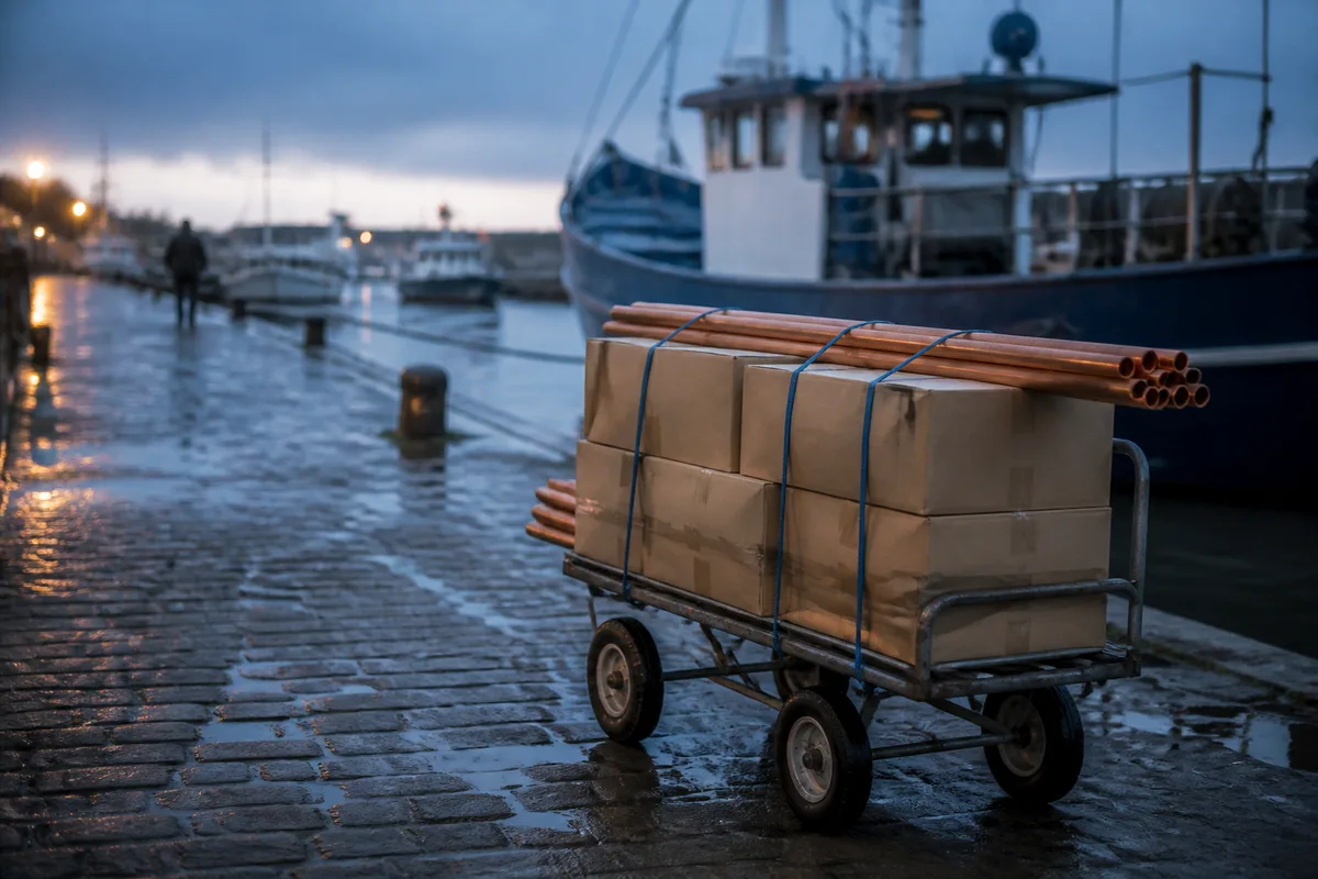 Caisses de matériel sanitaire sanglées sur un chariot, quai d’un port breton au petit matin