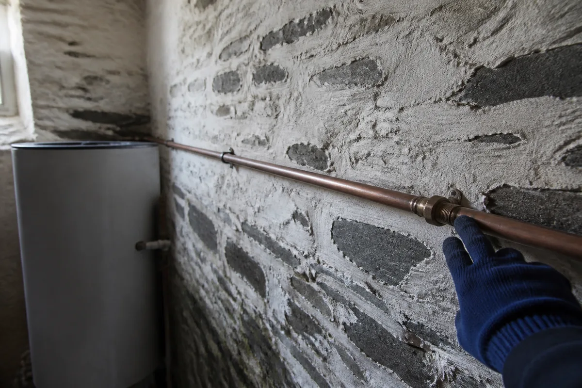 Canalisation de cuivre apparente le long d’un mur de schiste dans une arrière-cuisine claire