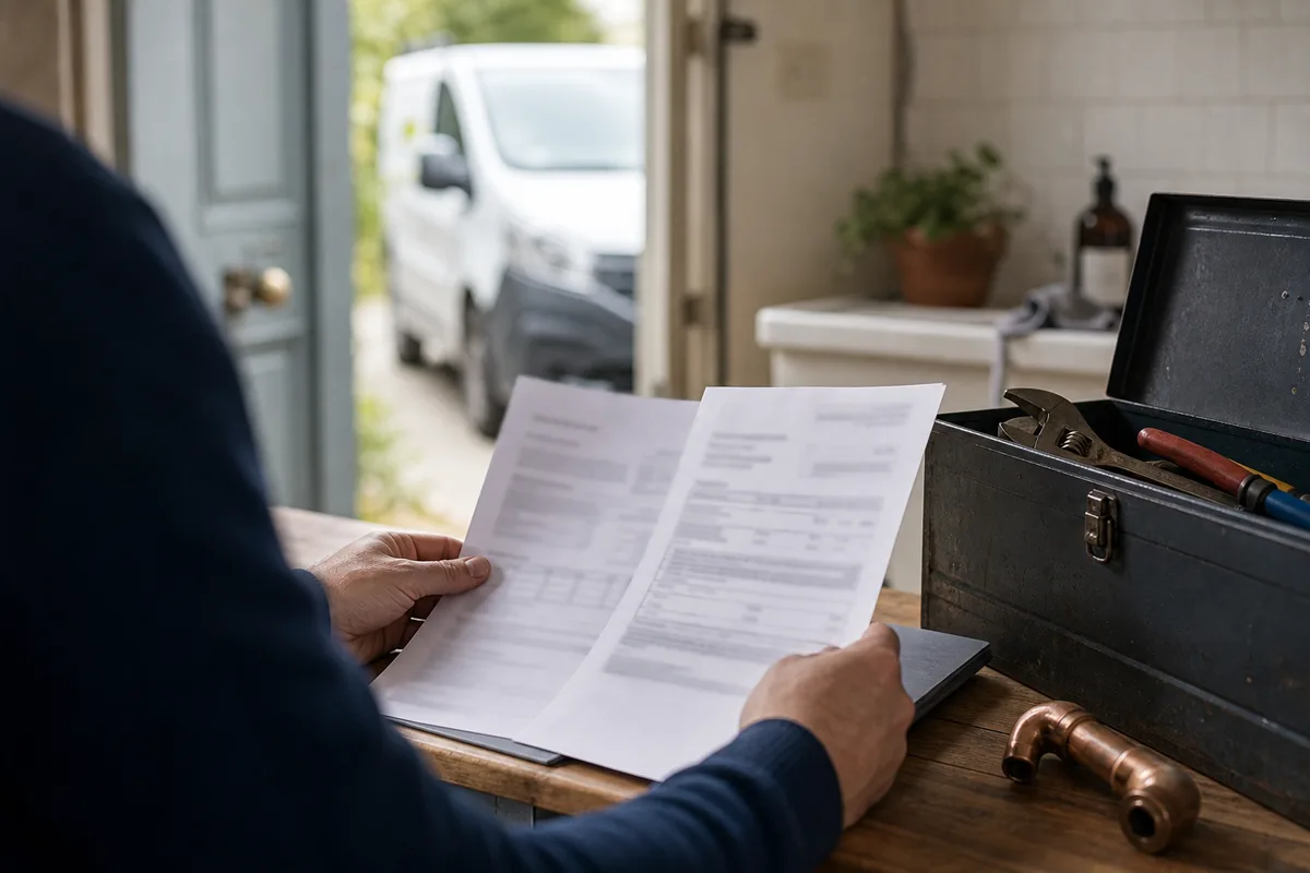 Attestation d&rsquo;assurance et devis papier posés près d&rsquo;une caisse à outils dans une buanderie
