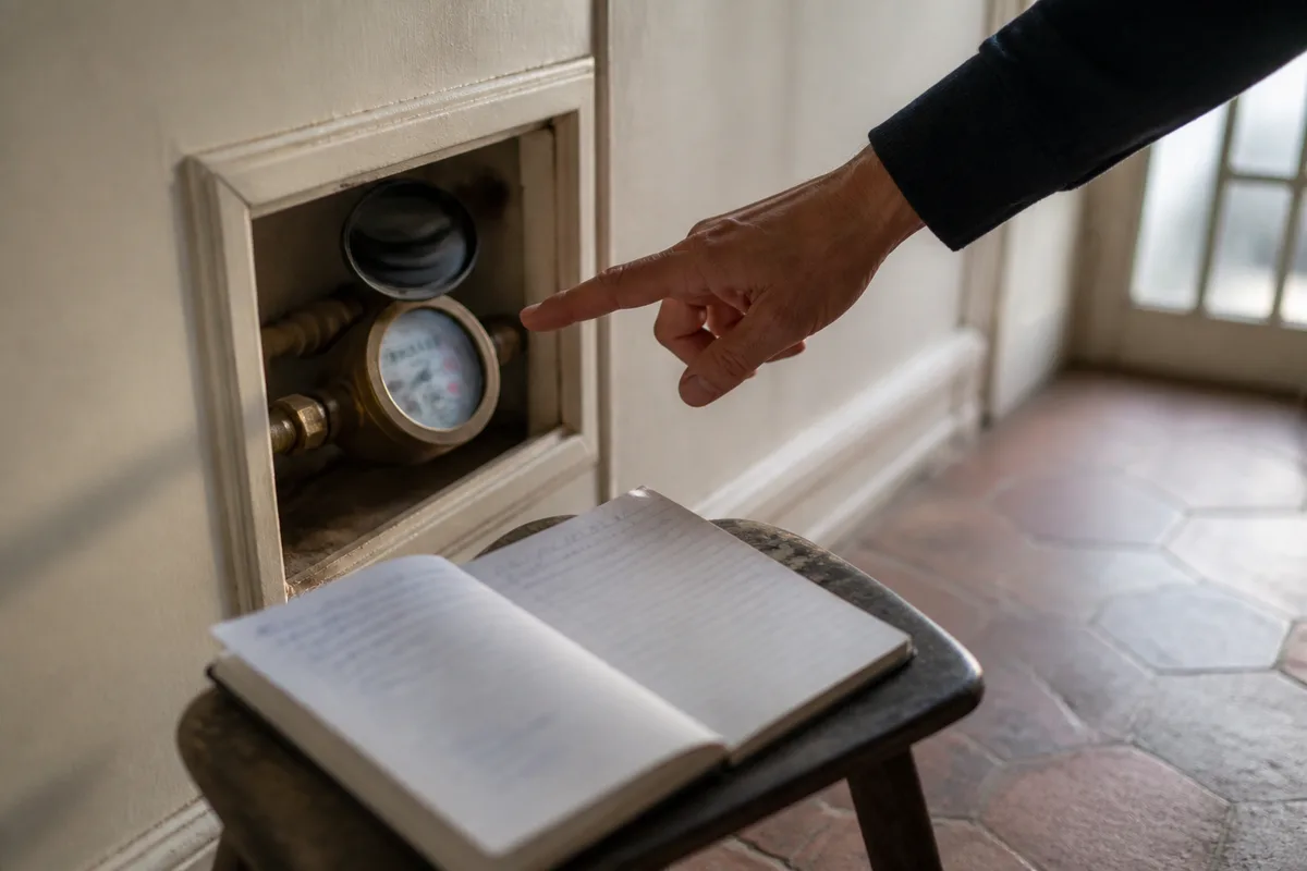 Compteur d&rsquo;eau et carnet de relevés dans le couloir d&rsquo;une maison de bourg normande