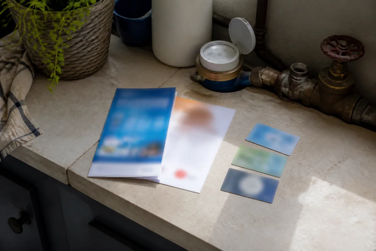 Magnet publicitaire et prospectus de plomberie posés près d’un compteur d’eau dans une entrée de villa