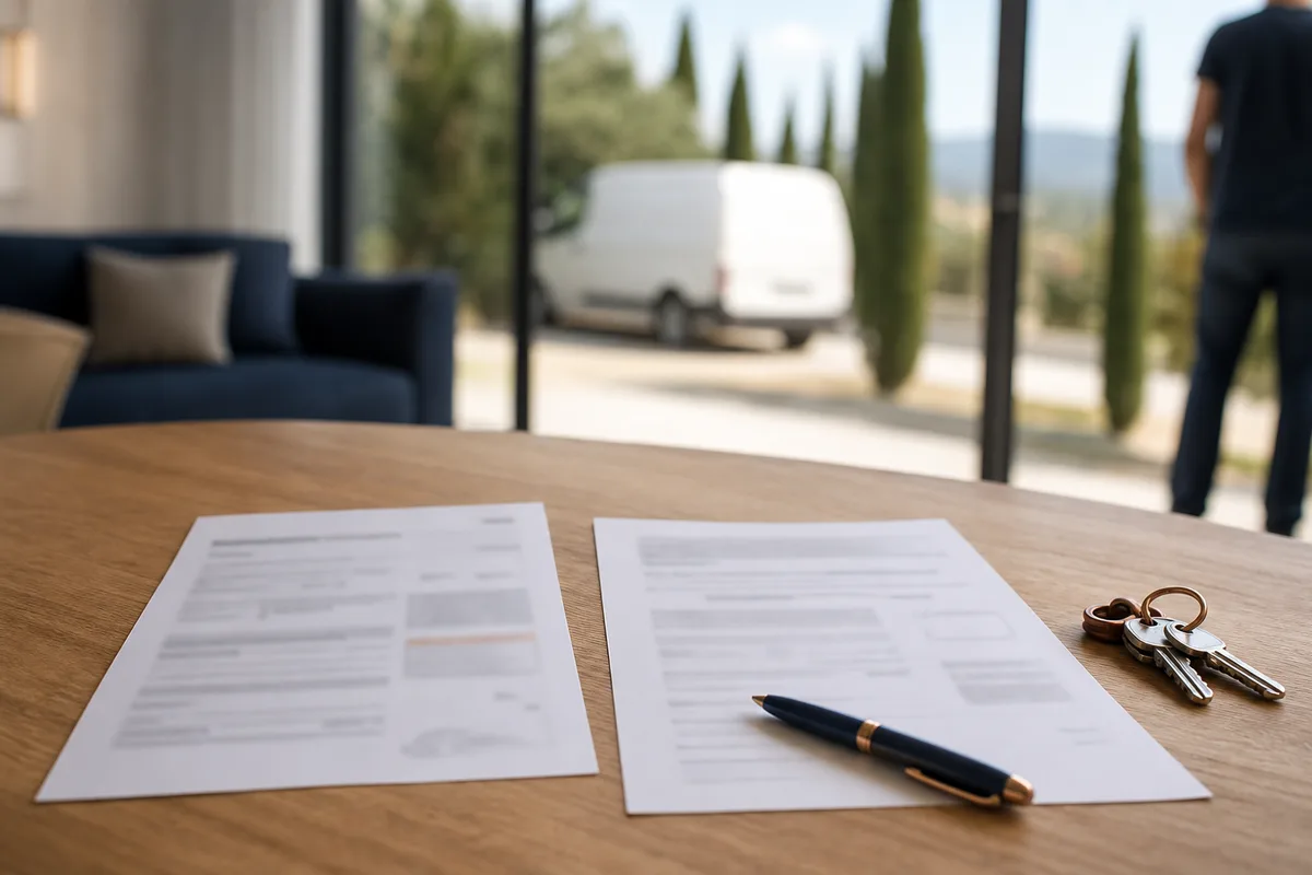Compte rendu d’intervention et attestation d’assurance posés sur une table, camionnette d’artisan floue dans l’allée
