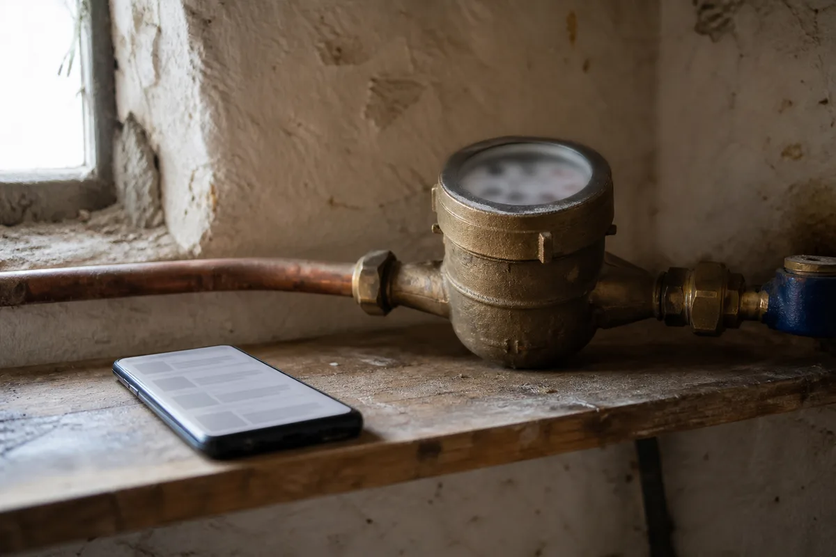 Smartphone affichant une fiche d’avis posé près d’un compteur d’eau dans le cellier d’une maison normande