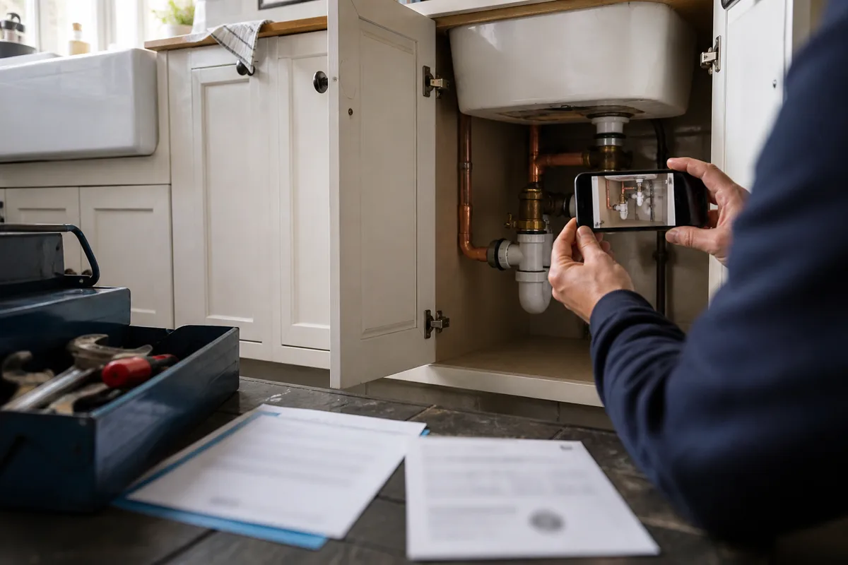 Mains photographiant avec un smartphone une tuyauterie réparée sous un évier, devis posé à côté