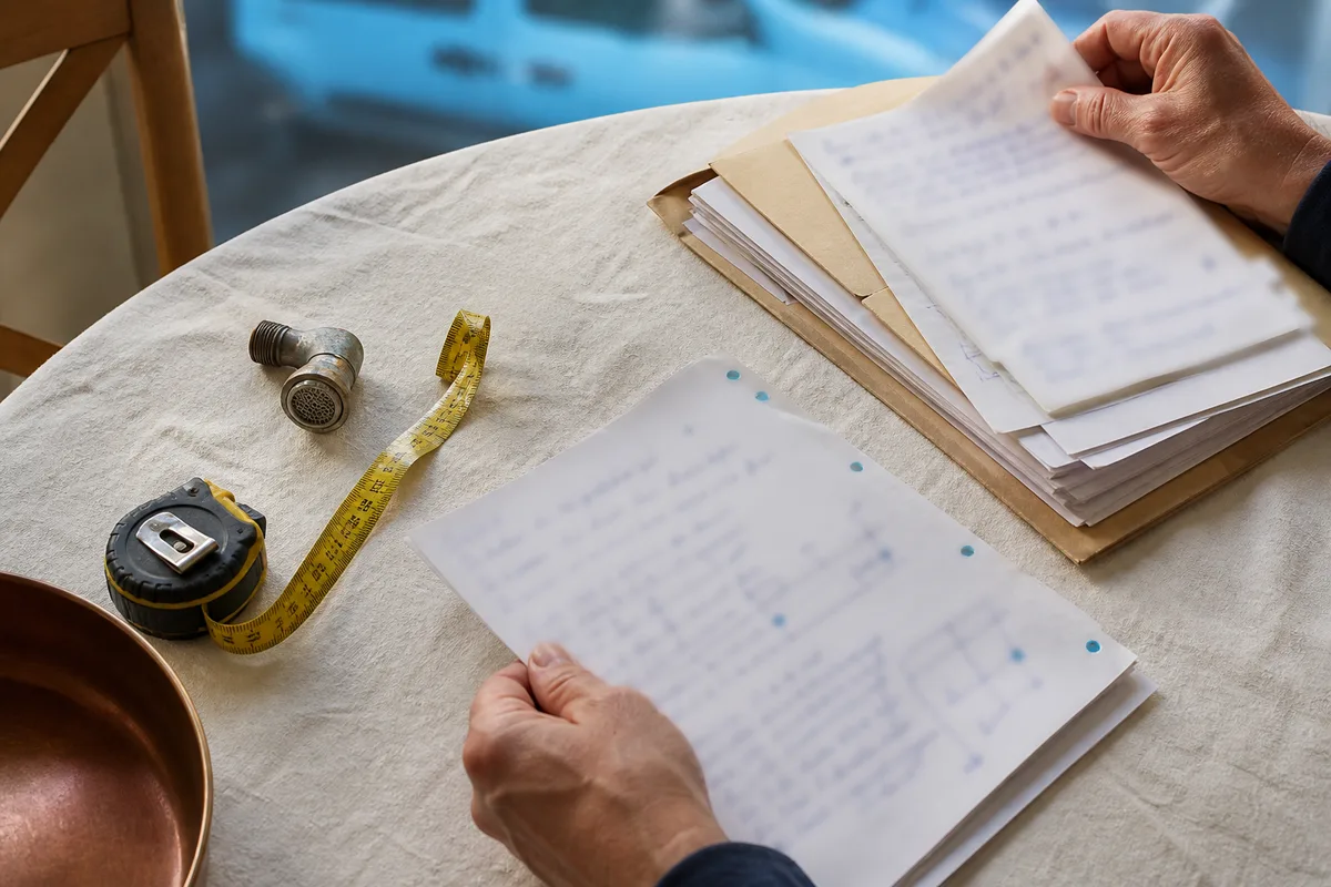 Compte rendu d’intervention annoté et mètre déplié posés sur une table de cuisine en bois