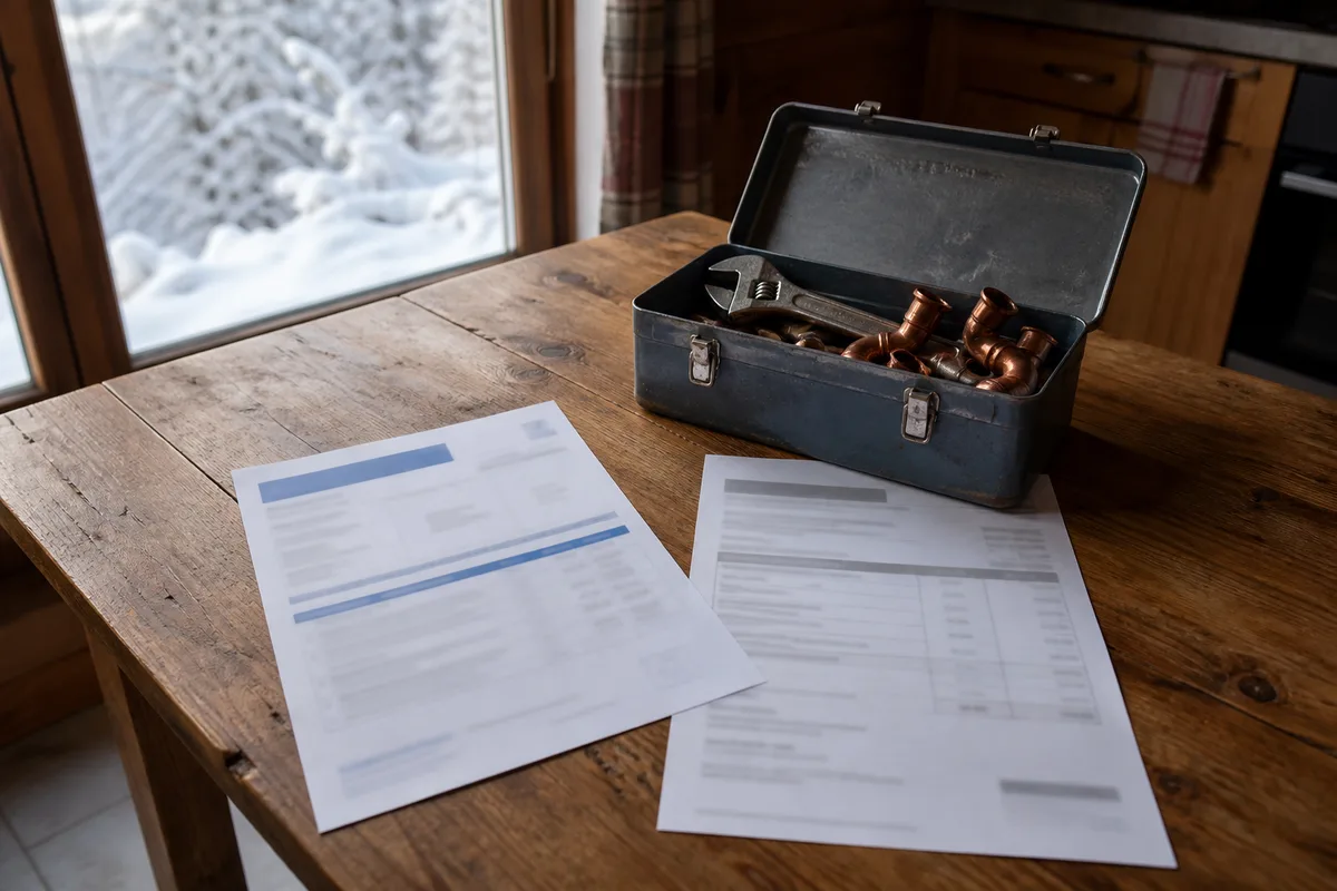 Attestation d&rsquo;assurance et devis papier posés près d&rsquo;une caisse à outils sur une table de chalet