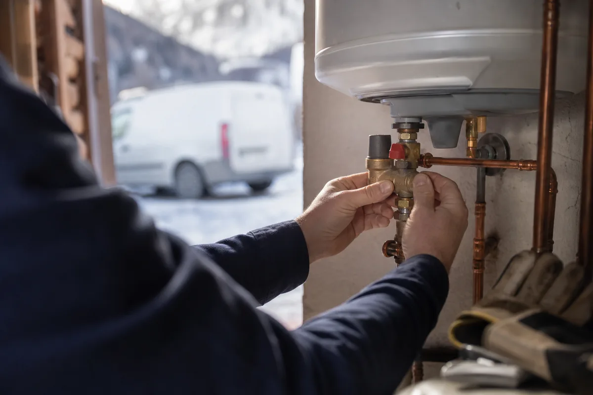 Mains d&rsquo;un artisan devant un chauffe-eau dans le local technique d&rsquo;une maison de montagne