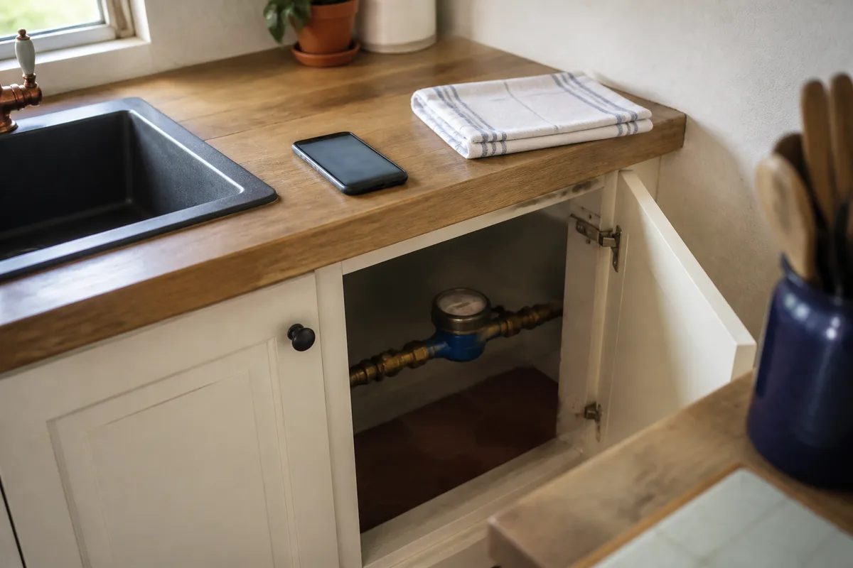 Compteur d&rsquo;eau et téléphone posés sur un plan de travail dans une cuisine provençale éclairée par la fenêtre