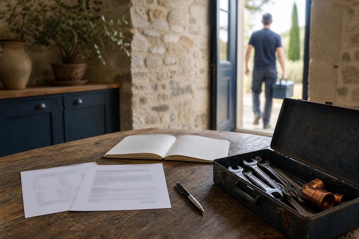 Documents imprimés et carnet posés près d&rsquo;une caisse à outils sur une table en bois dans une maison en pierre
