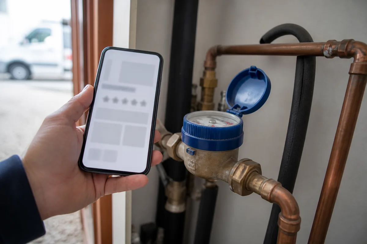 Smartphone affichant une fiche d&rsquo;avis posé à côté d&rsquo;un compteur d&rsquo;eau dans un placard technique