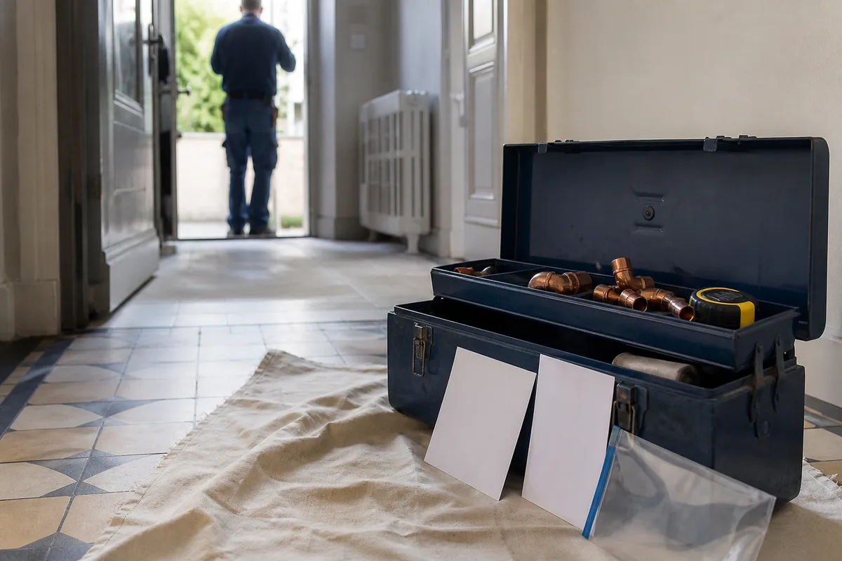 Attestation d’assurance et devis de plomberie posés près d’une caisse à outils dans l’entrée d’une maison