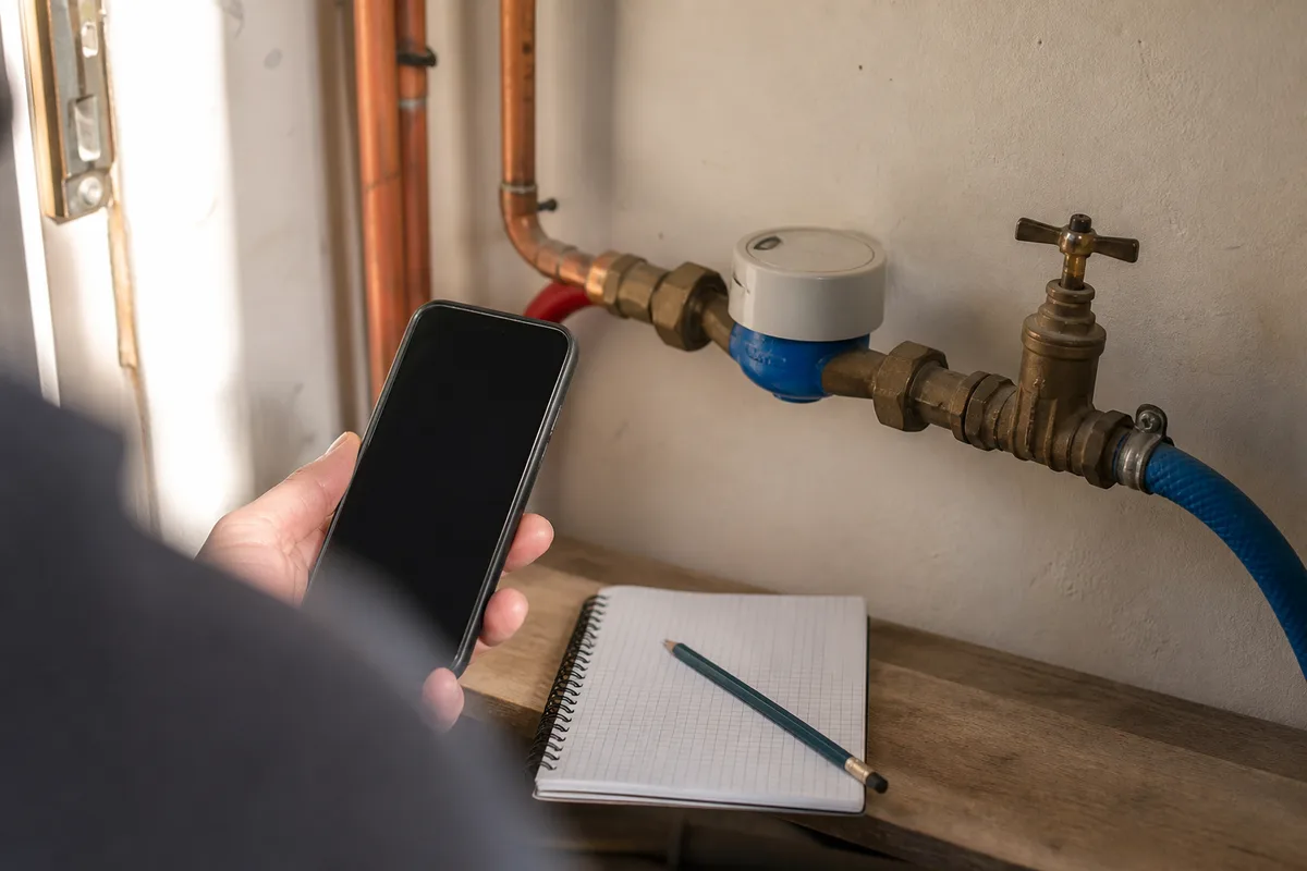 Smartphone affichant une fiche d’artisan posé à côté d’un compteur d’eau dans un placard technique